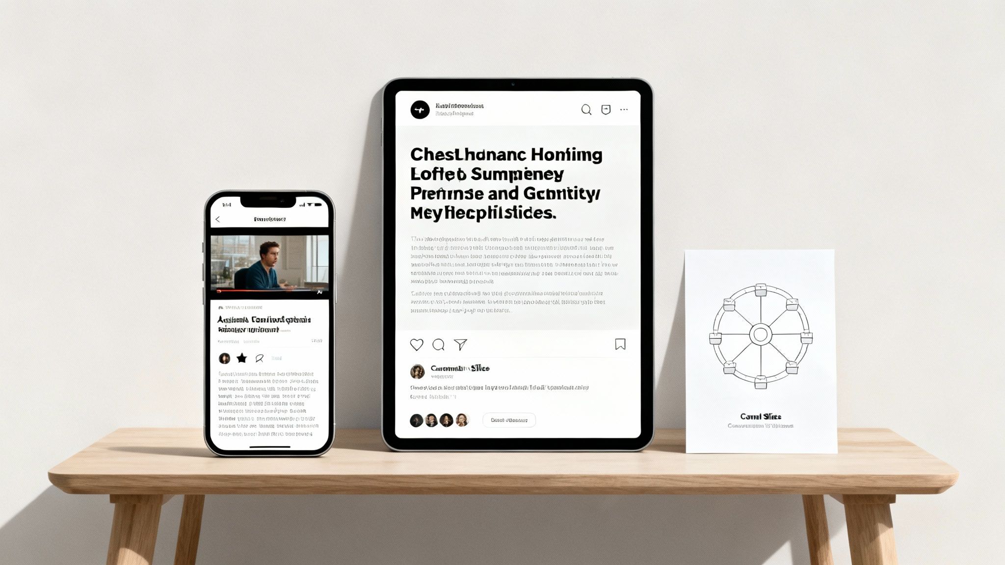 A smartphone, tablet, and printed document displaying content on a light wooden table.