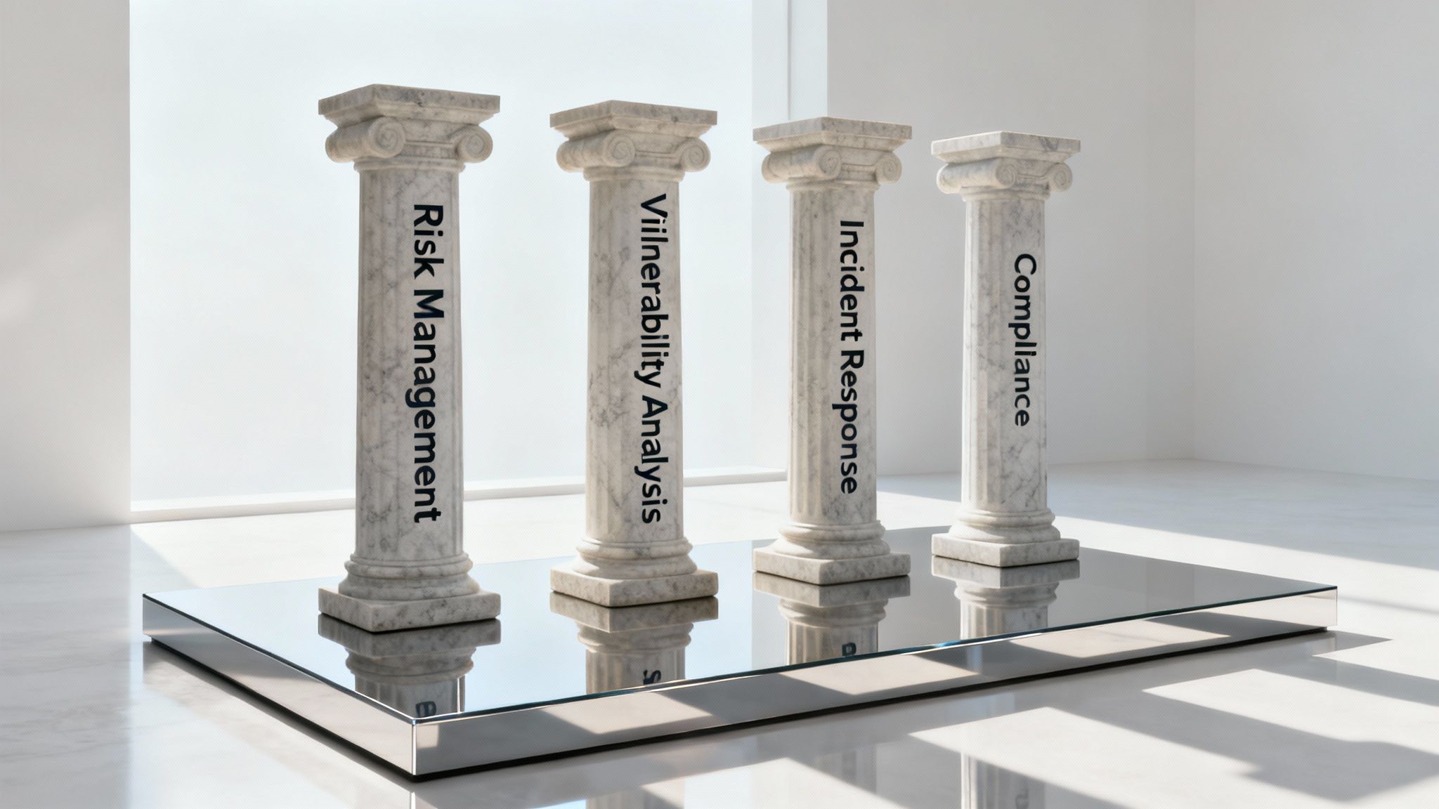 Four marble pillars labeled Risk Management, Vulnerability Analysis, Incident Response, and Compliance, symbolizing IT security foundations.