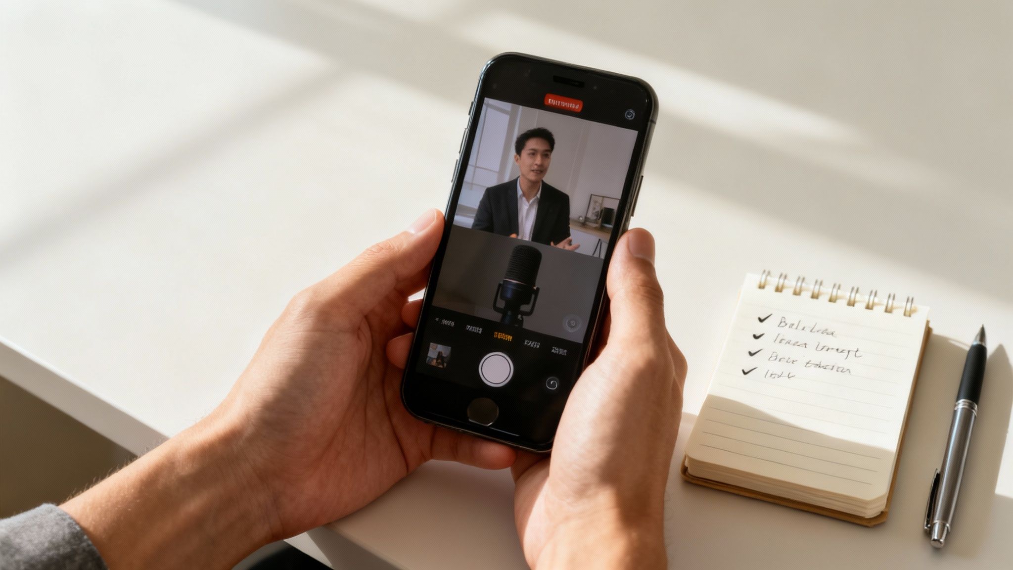 A person holds a smartphone displaying a video call with a man and a microphone, beside a notepad and pen.
