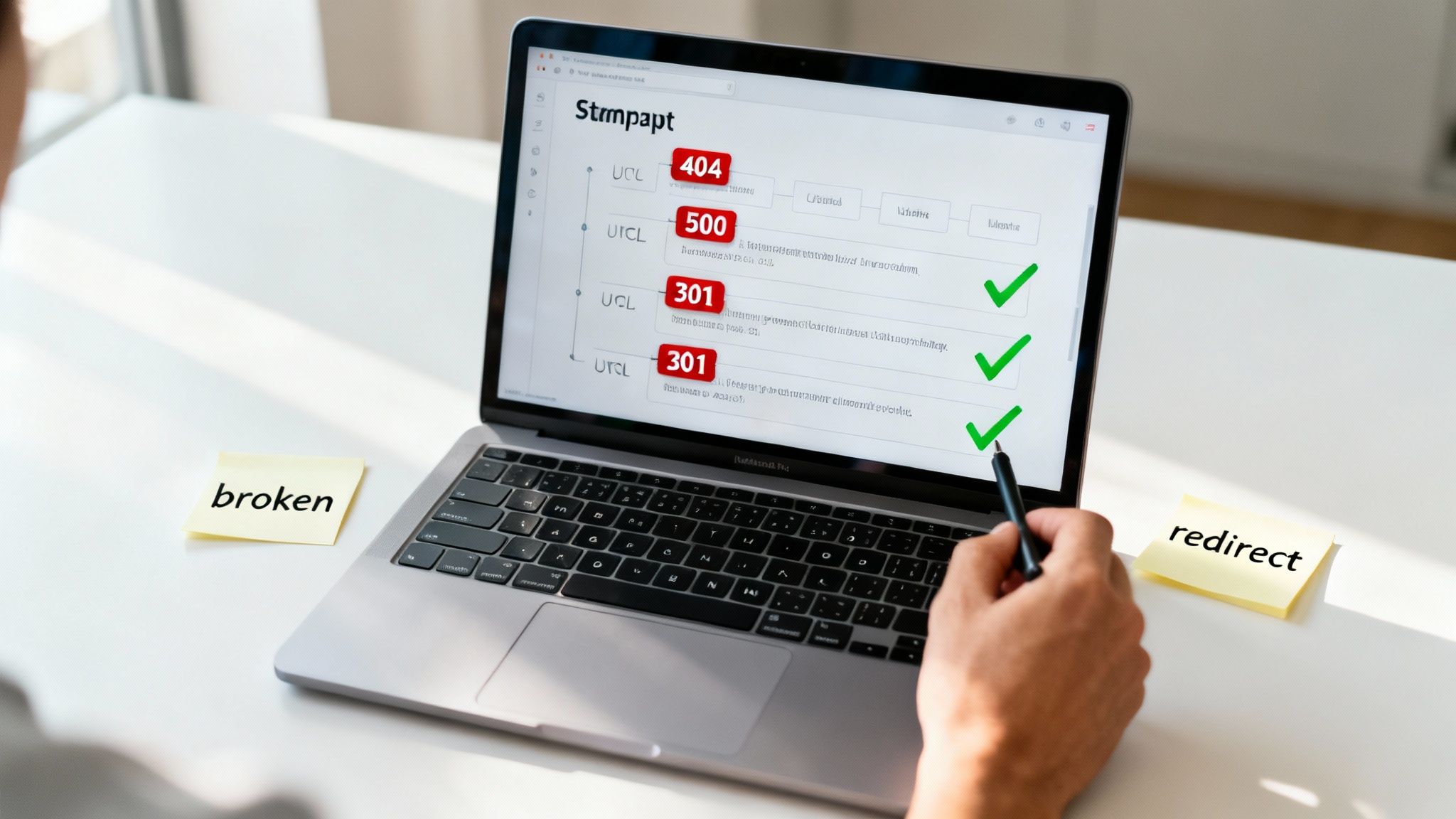 A person checking website sitemap on a laptop, identifying broken links and redirects.