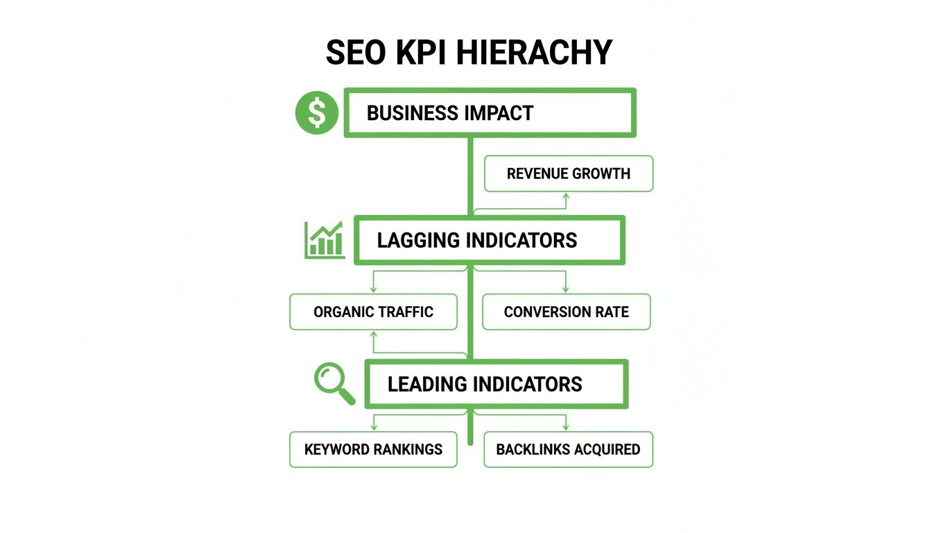 SEO KPI hierarchy diagram illustrating business impact, lagging, and leading indicators.