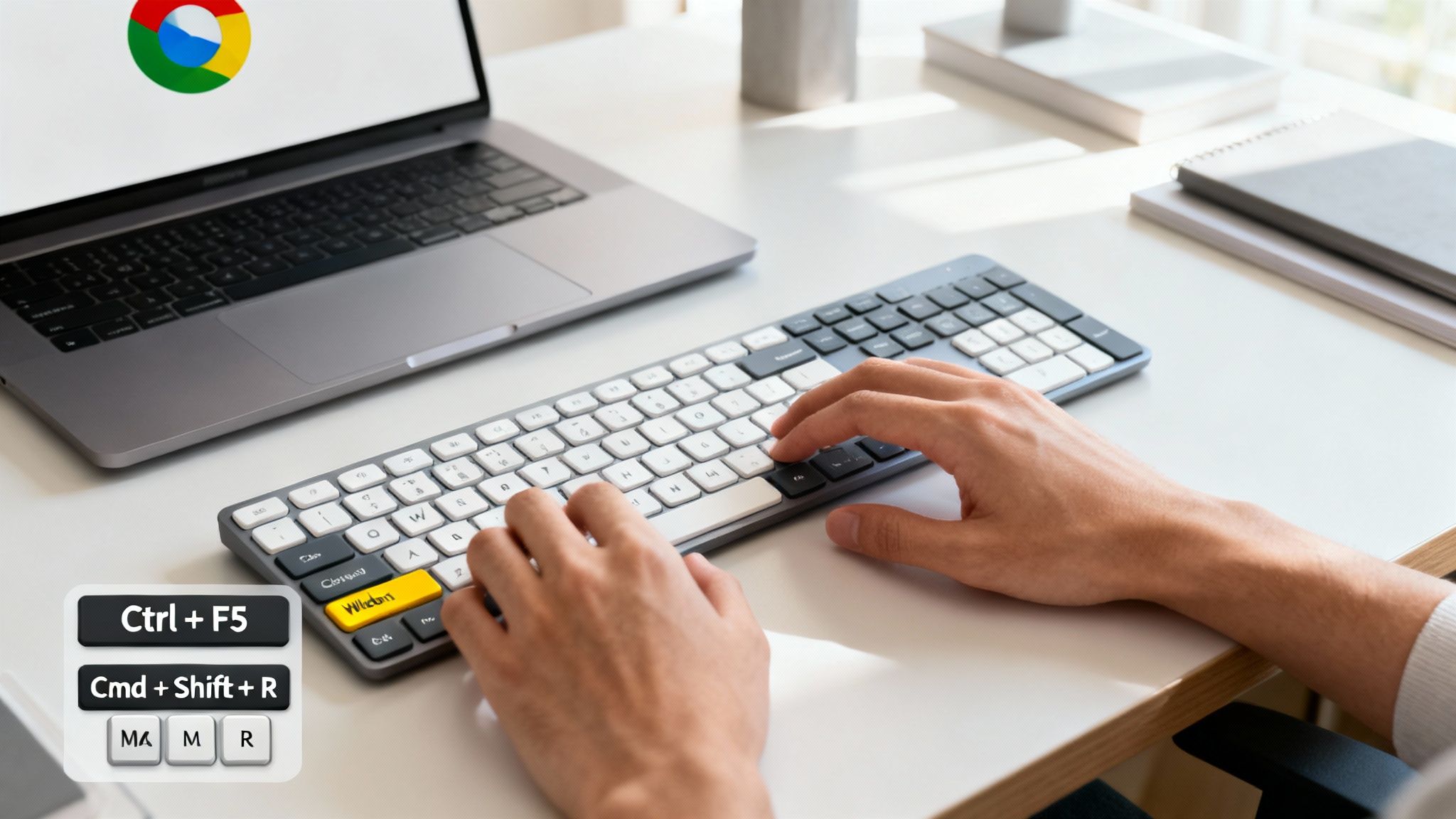 A person typing on a keyboard next to a laptop, with browser refresh shortcuts displayed.