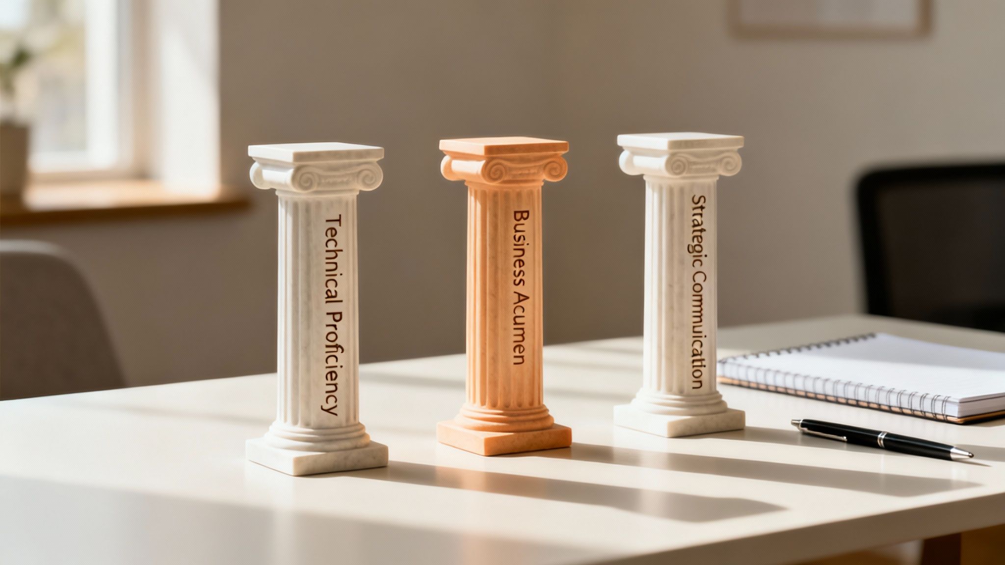 Drei kleine Säulen auf einem Schreibtisch, die wesentliche Fähigkeiten symbolisieren: technische Kompetenz, Geschäftssinn und strategische Kommunikation.