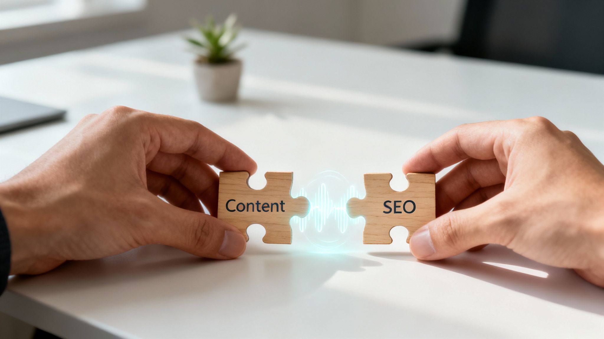 Zwei Hände verbinden hölzerne Puzzle-Stücke mit den Aufschriften 'Content' und 'SEO' zu einer leuchtenden digitalen Verbindung.