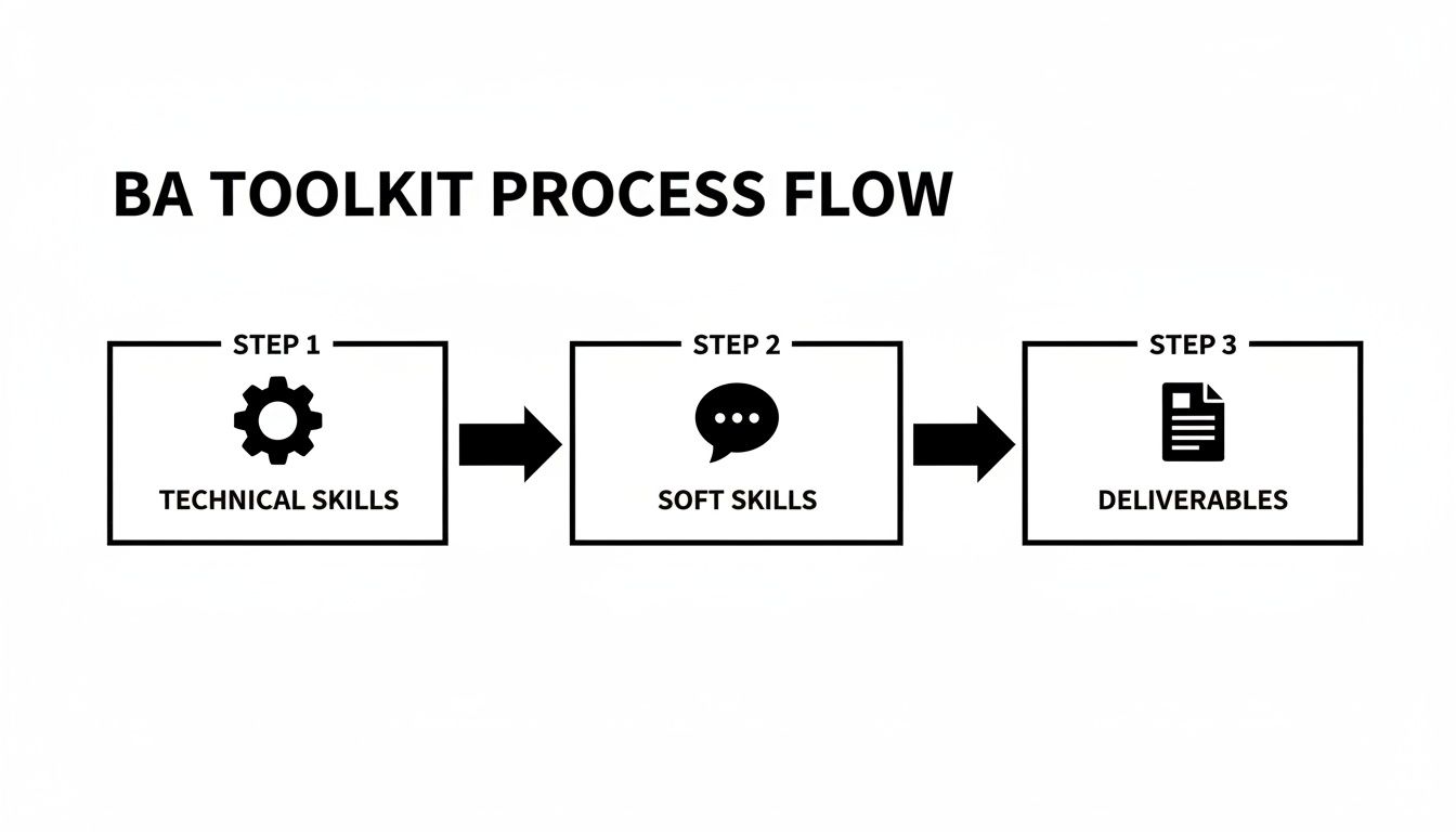 Prozessablaufdiagramm des Business-Analyst-Toolkits, das technische Fähigkeiten, Soft Skills und Deliverables zeigt.