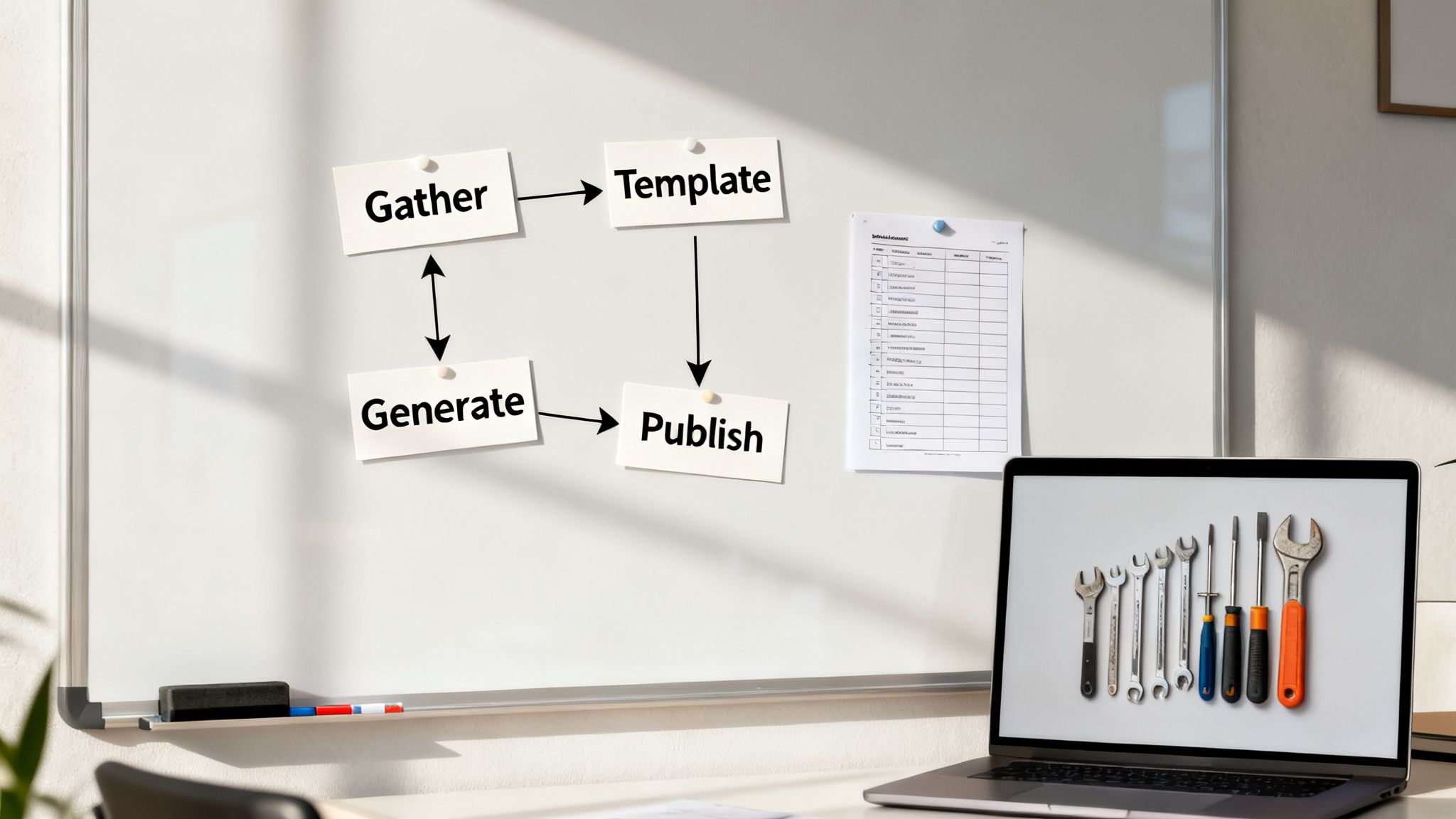 Whiteboard displays a content creation workflow: Gather, Template, Generate, Publish, with a laptop showing tools.