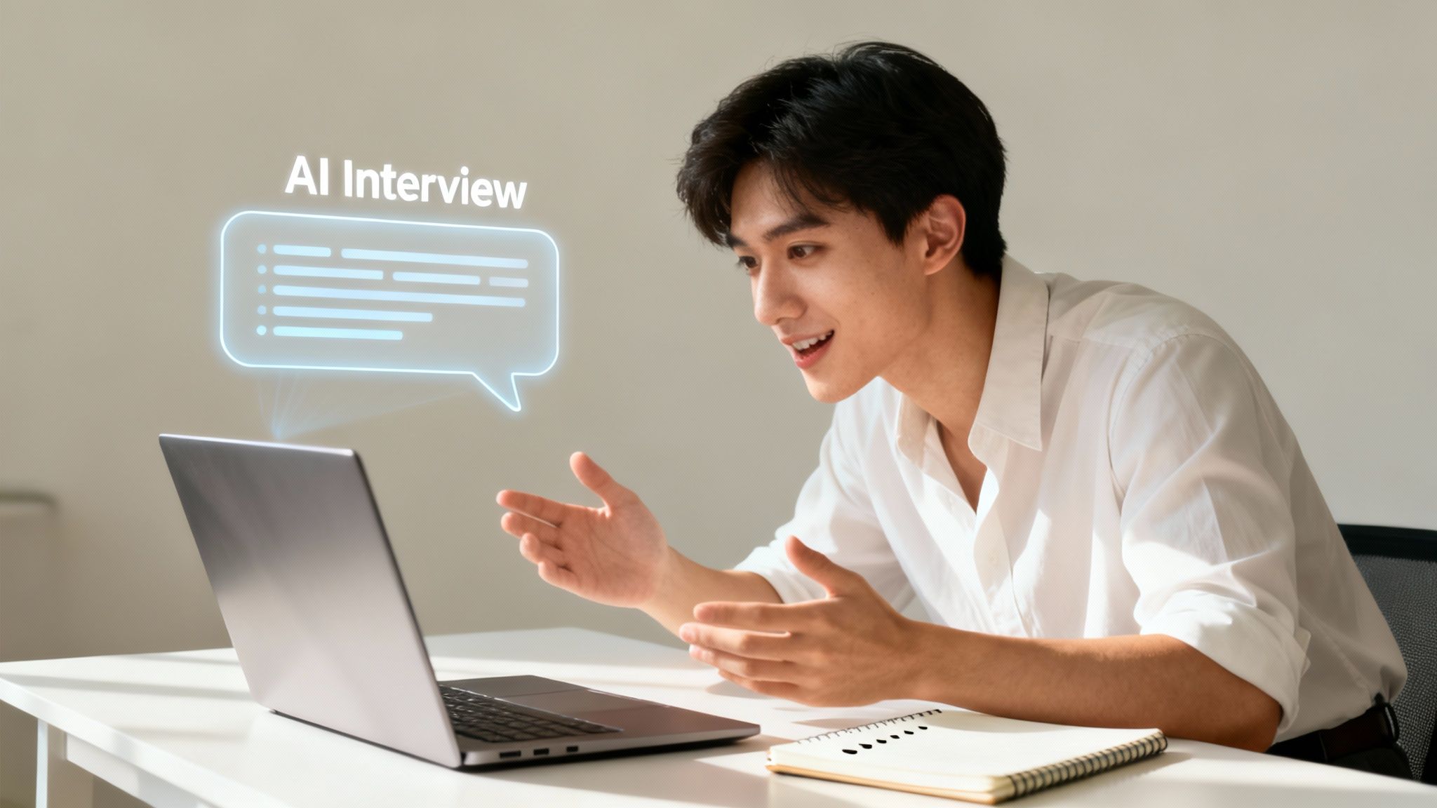 A young man smiling and gesturing while participating in an AI interview displayed on a laptop.