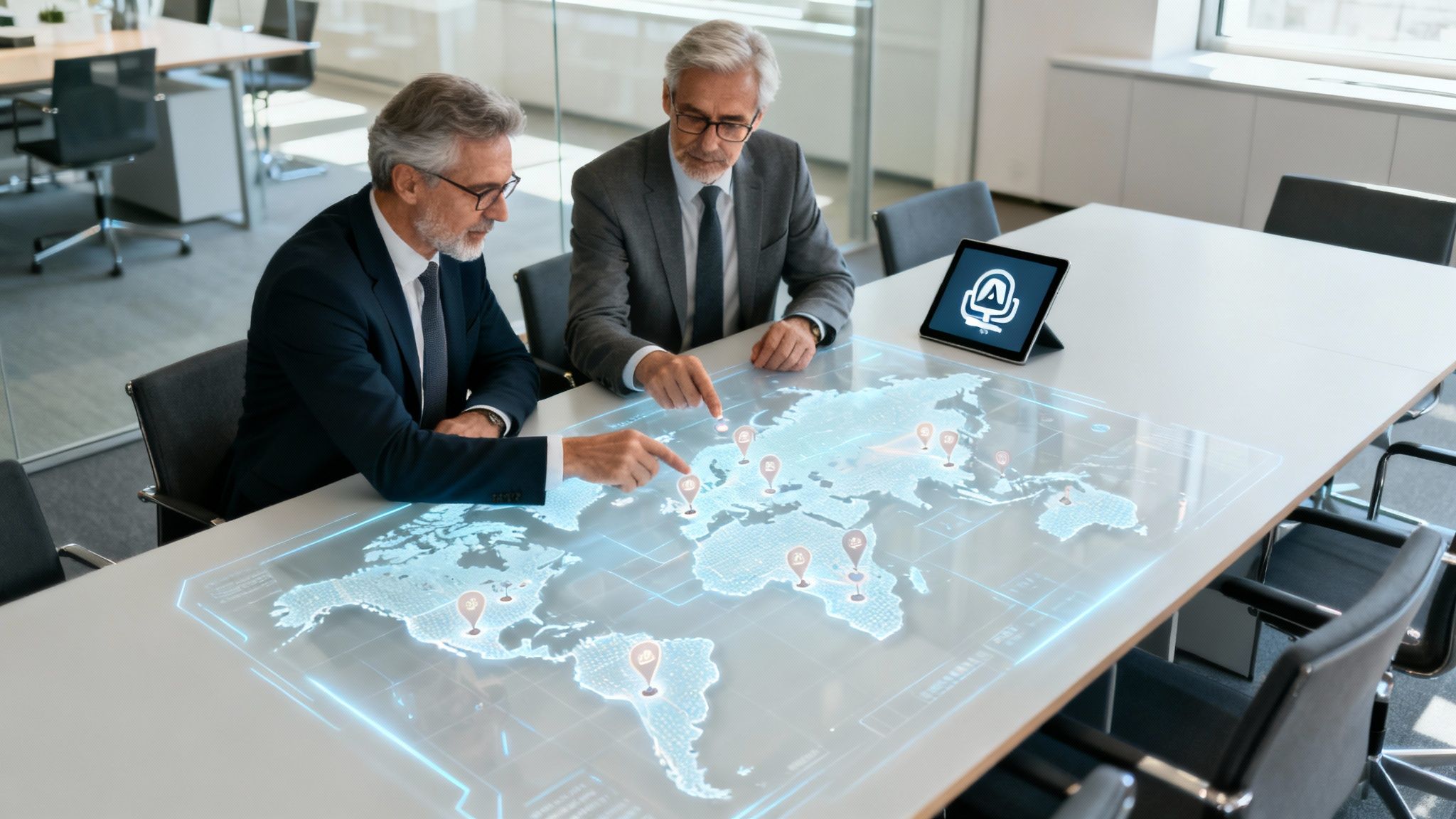 Zwei leitende Geschäftsleute in Anzügen analysieren eine leuchtende Weltkartenprojektion mit Standortmarkierungen auf einem Konferenztisch.