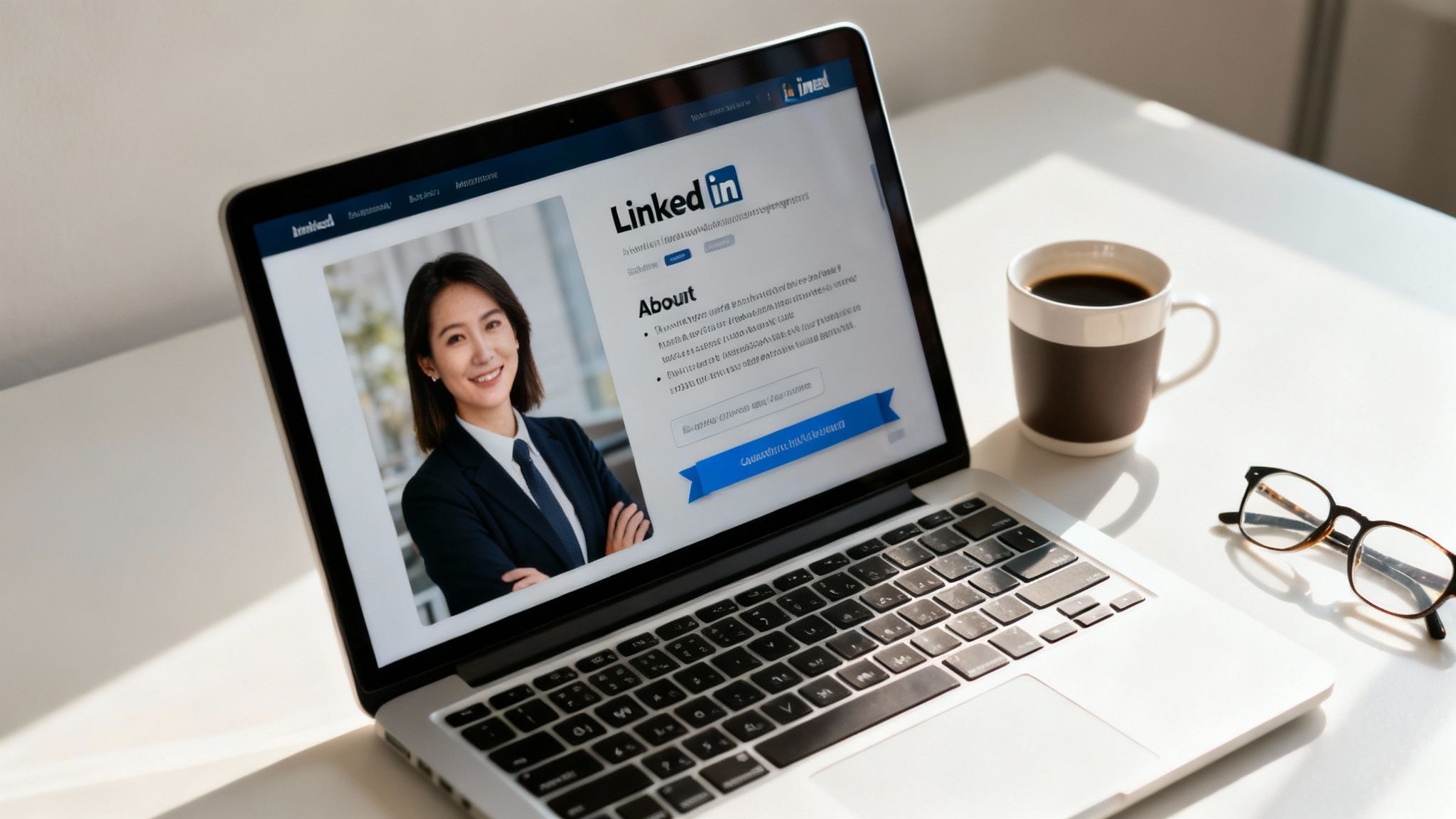 Laptop on a white desk displaying a LinkedIn profile of a professional woman, with a coffee mug and glasses.