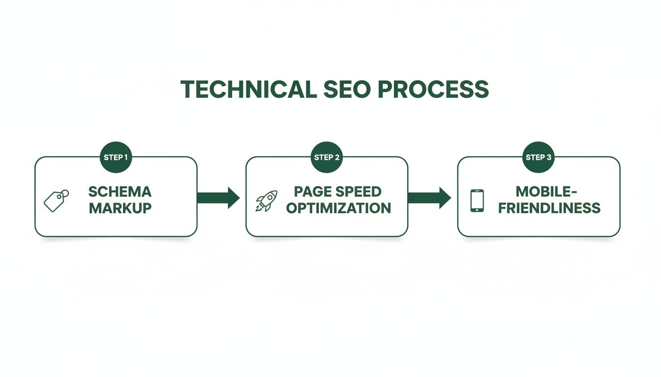 Visual diagram illustrating the technical SEO process, including schema markup, page speed, and mobile-friendliness.