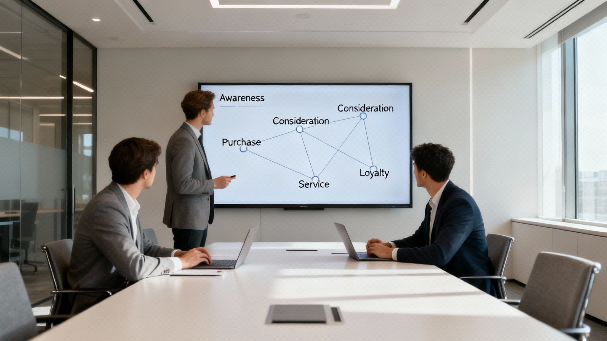 Three business professionals discuss a customer journey map on a large screen in a modern conference room.