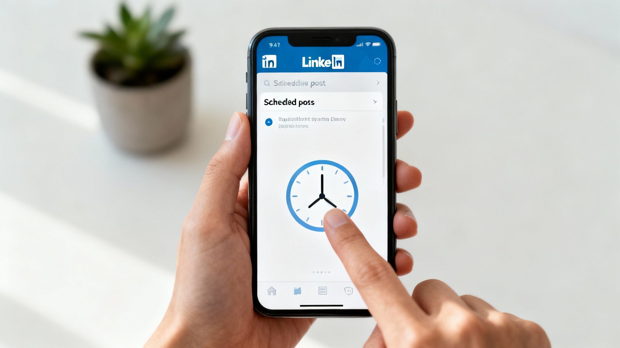 A mobile phone screen showing the LinkedIn app's post composer. An arrow points to the clock icon used to view scheduled posts.