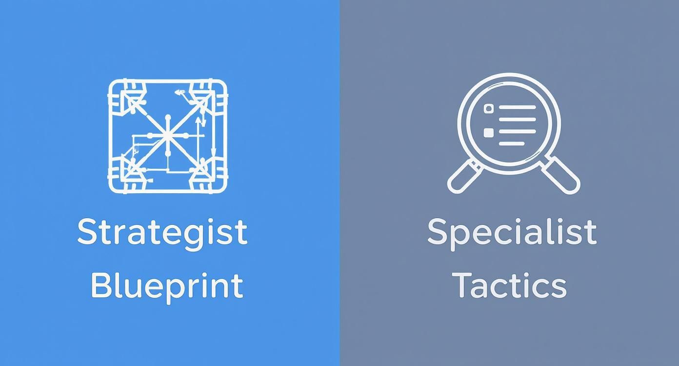 Two panels illustrating business concepts: Strategist Blueprint with a technical diagram and Specialist Tactics with a checklist magnifying glass.
