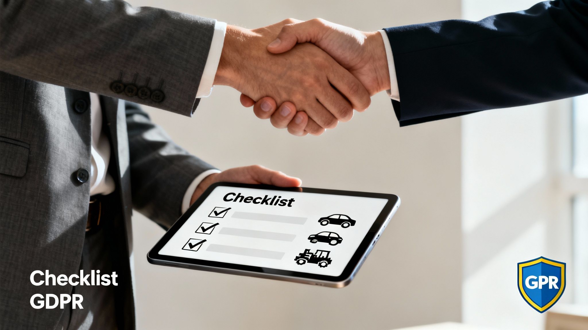 Zwei Geschäftsleute schütteln sich die Hand, einer hält ein Tablet mit einer Fahrzeug-Checkliste zur DSGVO-Compliance.