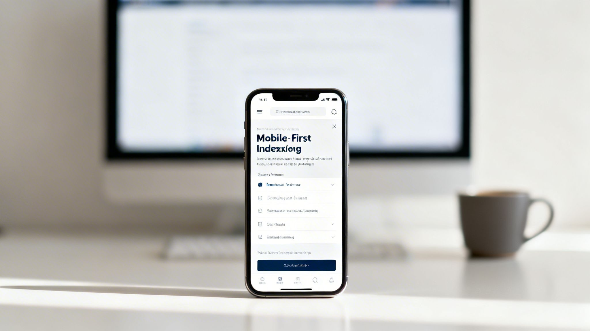 An iPhone displaying 'Mobile-First Indexing' content rests on a clean white desk with a blurred monitor and coffee mug in the background.