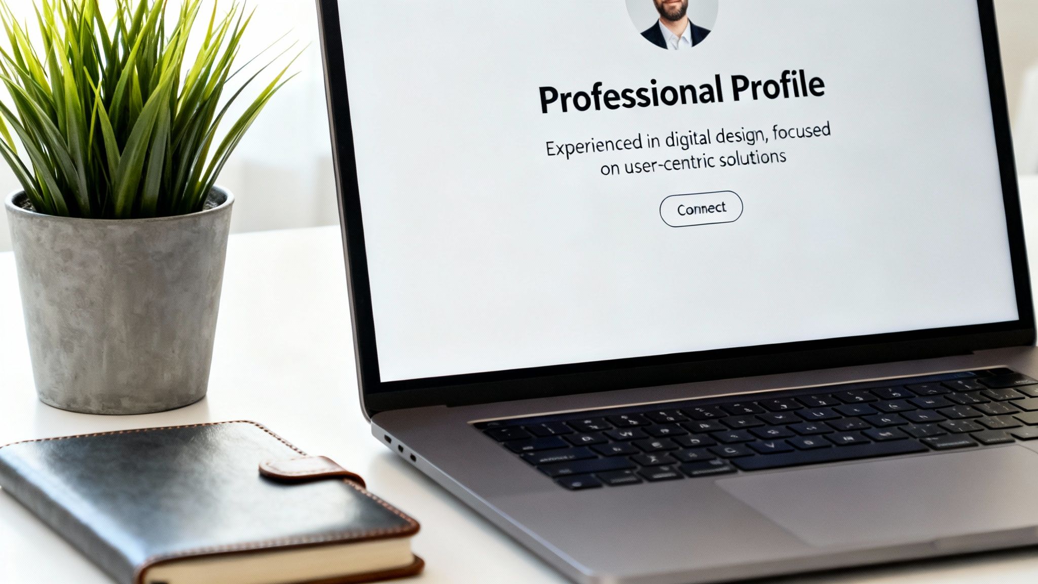 A laptop screen displays a 'Professional Profile' with text about digital design, next to a plant and notebook.