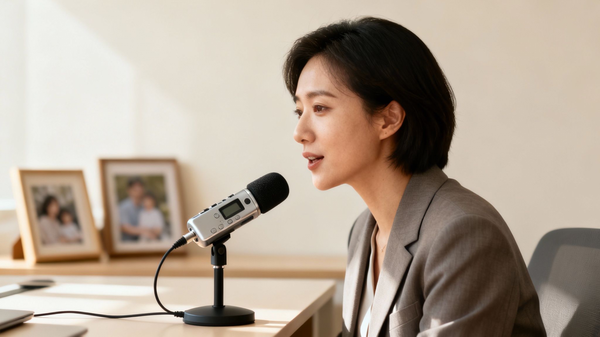 Young Asian woman records a podcast with a microphone on a desk in a bright room.