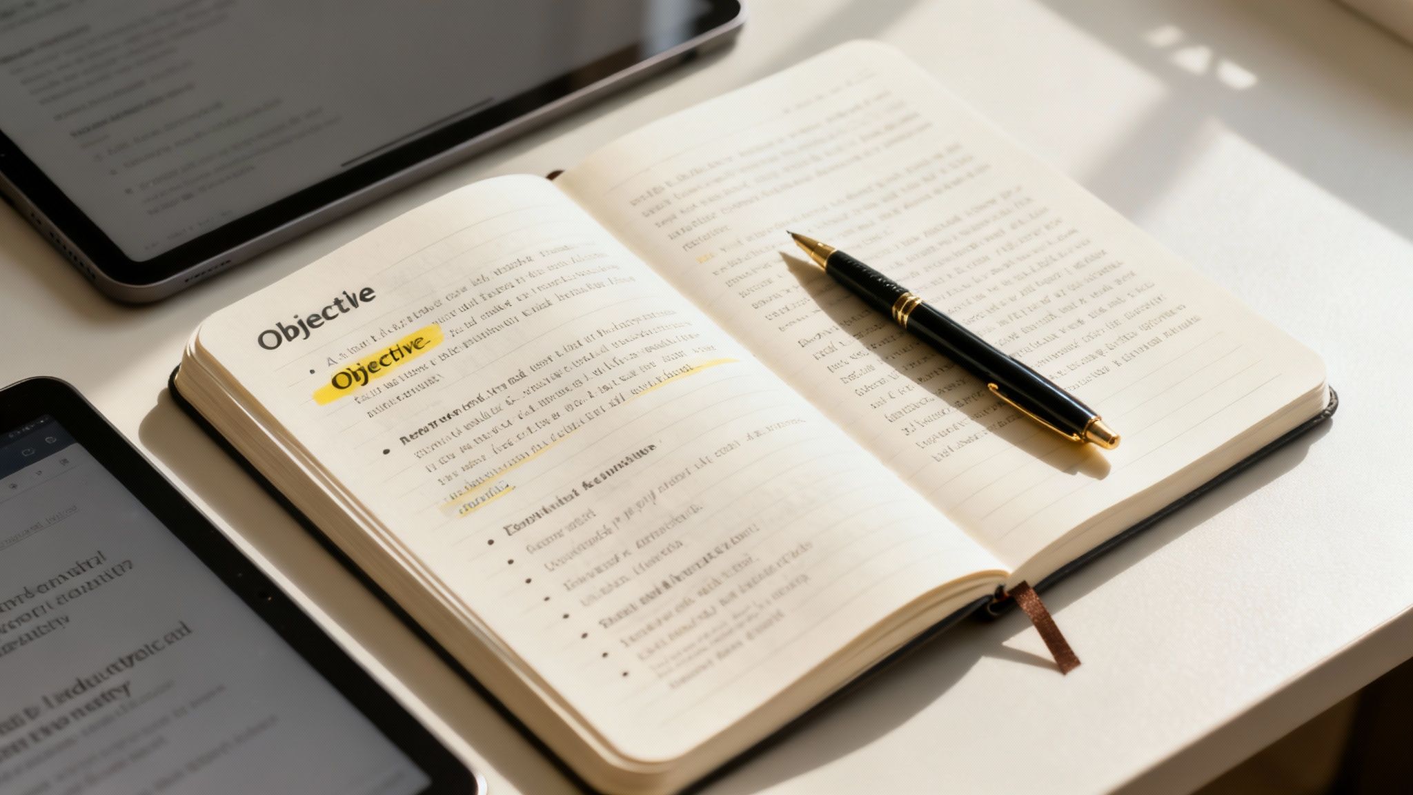 Open book with highlighted objective word, fountain pen, and tablet for professional writing