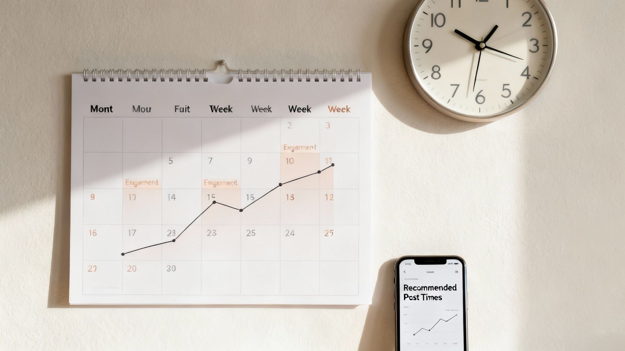 A desk calendar showing engagement metrics, a wall clock, and a smartphone displaying recommended social media post times.