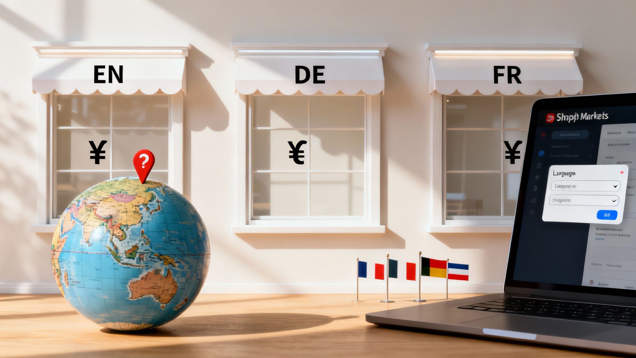 Globe, flags, language/currency windows, and a laptop showing Shopify Markets, illustrating global e-commerce solutions.