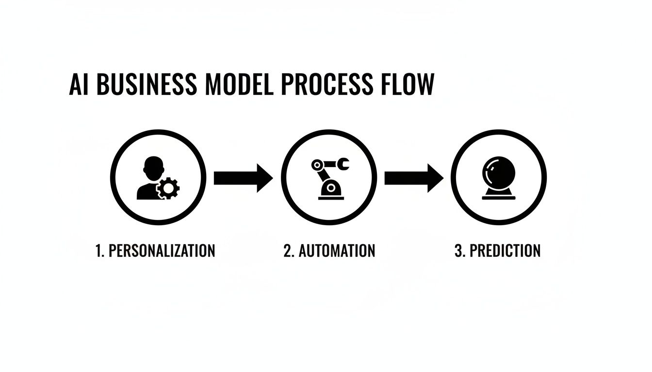 An AI business model process flow showing personalization, automation, and prediction steps.