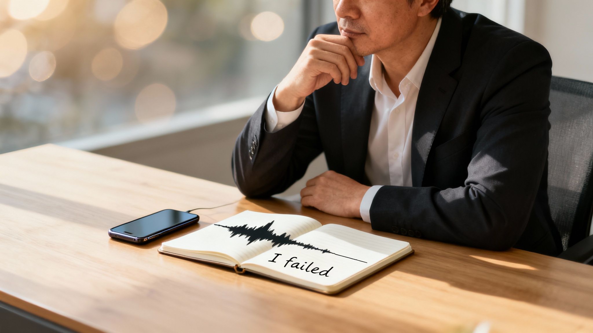 Thoughtful businessman sits at a desk with a smartphone and a notebook displaying 'I failed' text.