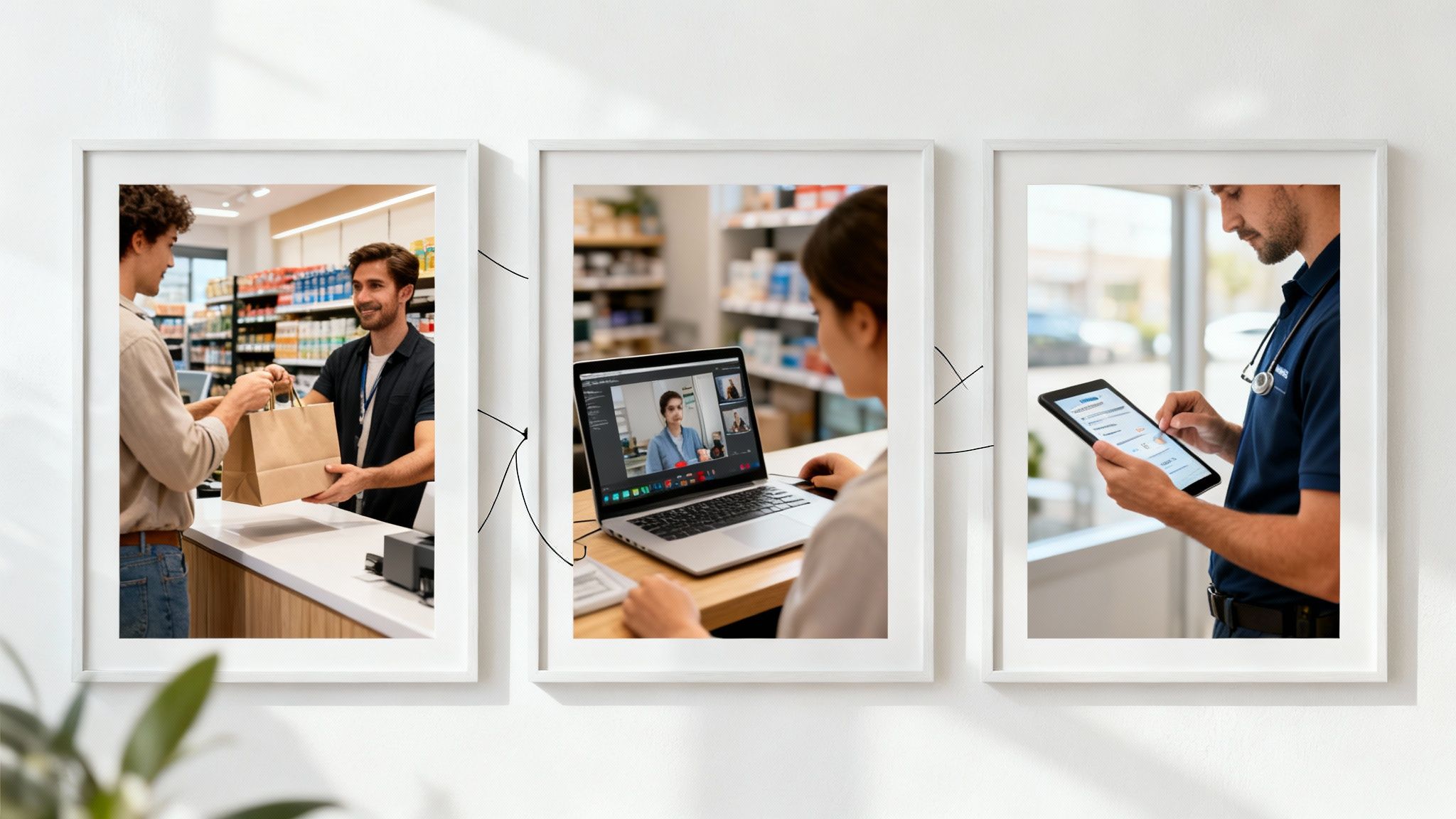 Three framed images showing in-store shopping, a video call, and a man using a tablet, illustrating an omni-channel platform.