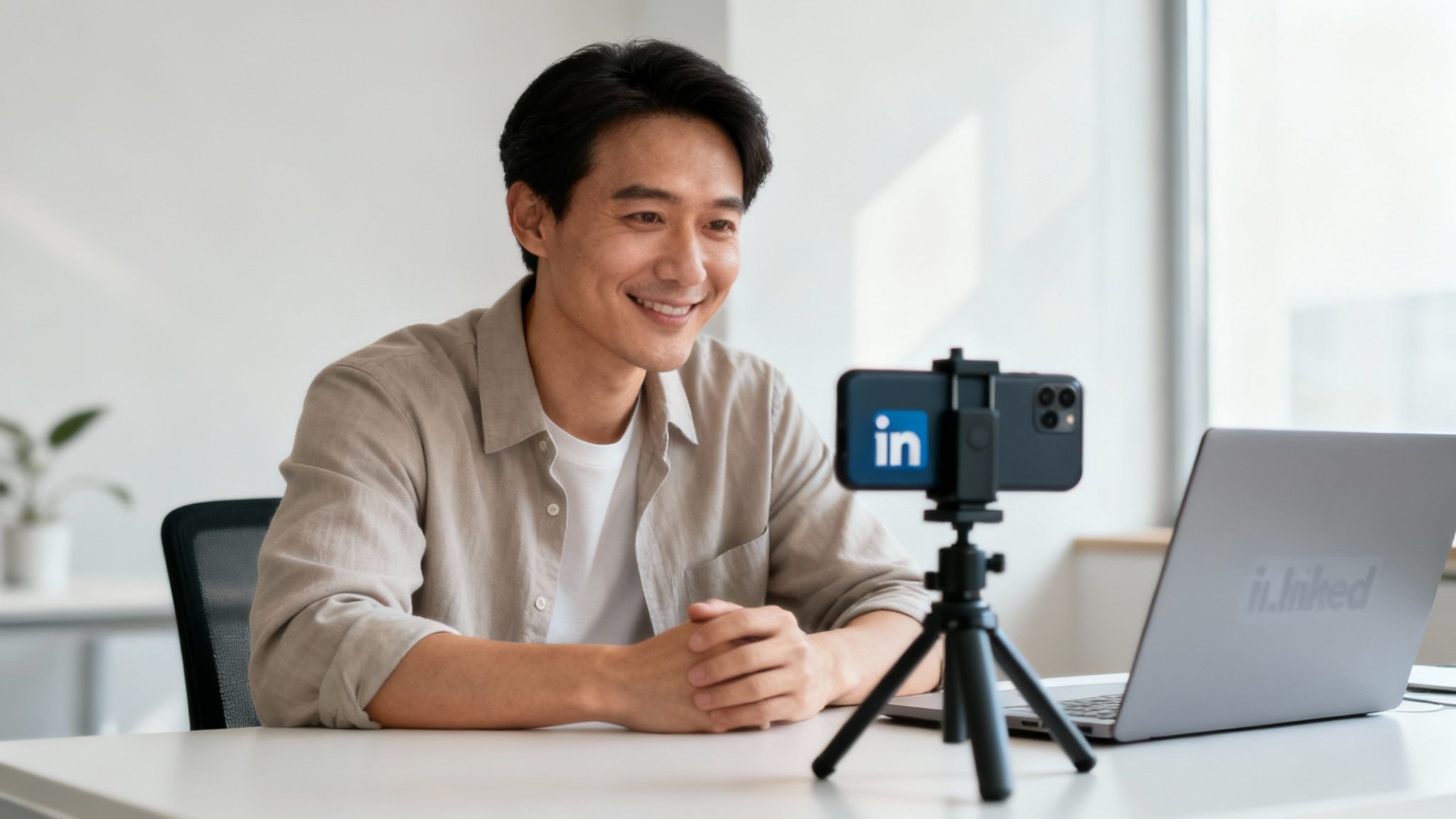 Person recording a video on their smartphone for a LinkedIn post.