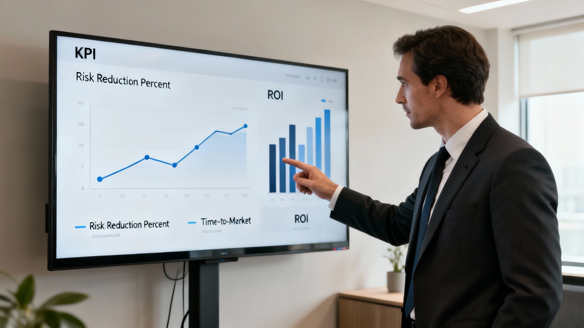 Professioneller Mann im Anzug präsentiert Geschäftsdaten und KPIs auf einem großen Bildschirm in einem Büro.