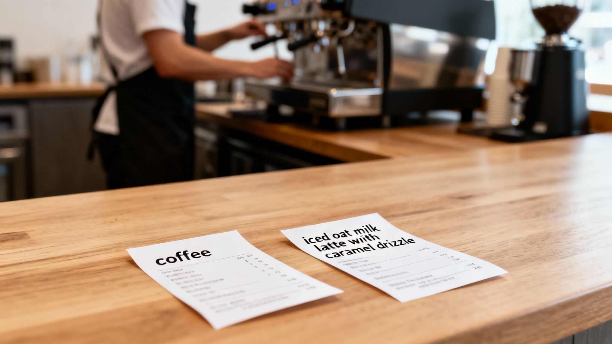 Two coffee order receipts on a wooden counter with a barista operating an espresso machine in the background.