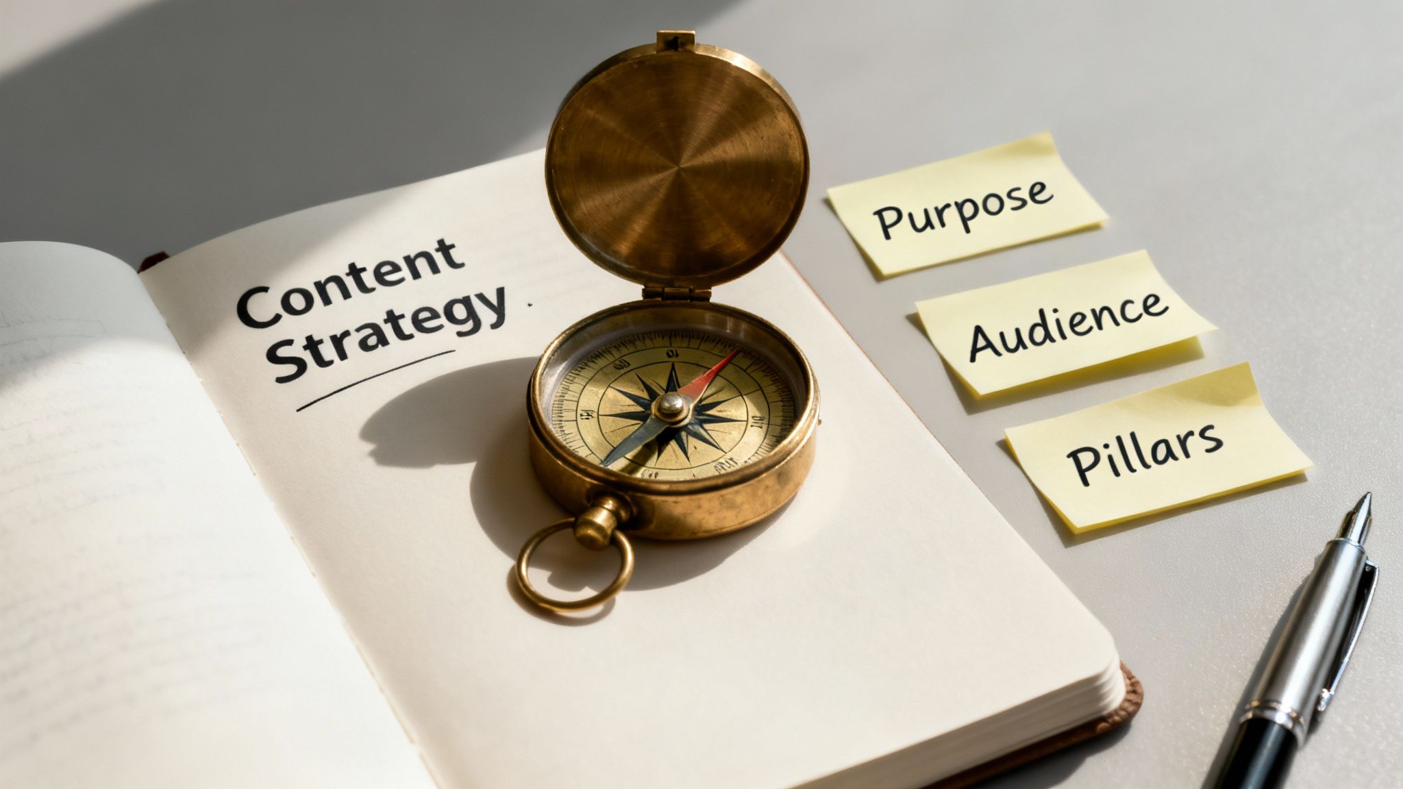 An open notebook displays 'Content Strategy' next to a compass and sticky notes with 'Purpose', 'Audience', and 'Pillars'.