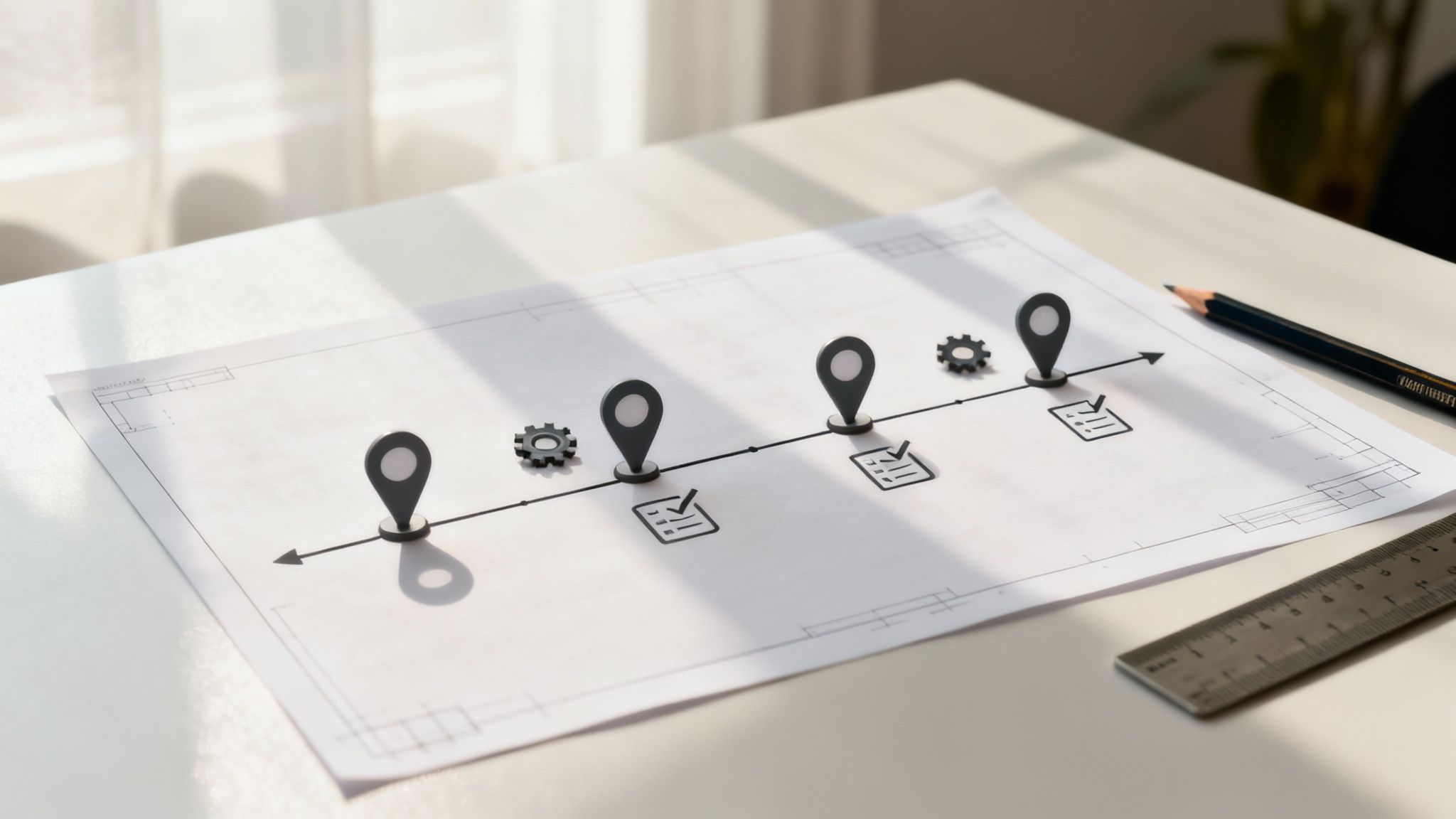 A planning document showing a timeline with location, gear, and checklist icons on a white desk.