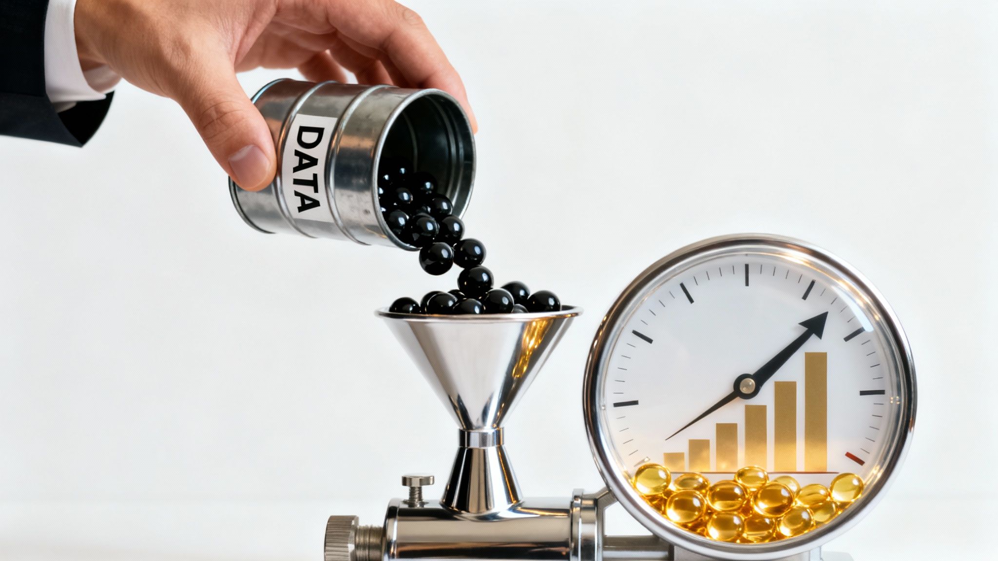 Hand gießt ‚DATEN‘ Pellets aus einem Fass in einen Trichter und verarbeitet sie zu wertvollen Erkenntnissen und Wachstum auf einer Anzeige.