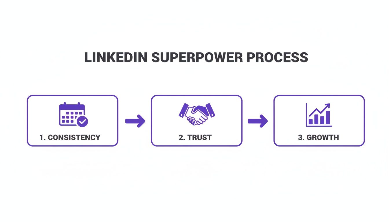 A LinkedIn Superpower Process flowchart illustrating three sequential steps: consistency, trust, and growth, each represented by an icon.