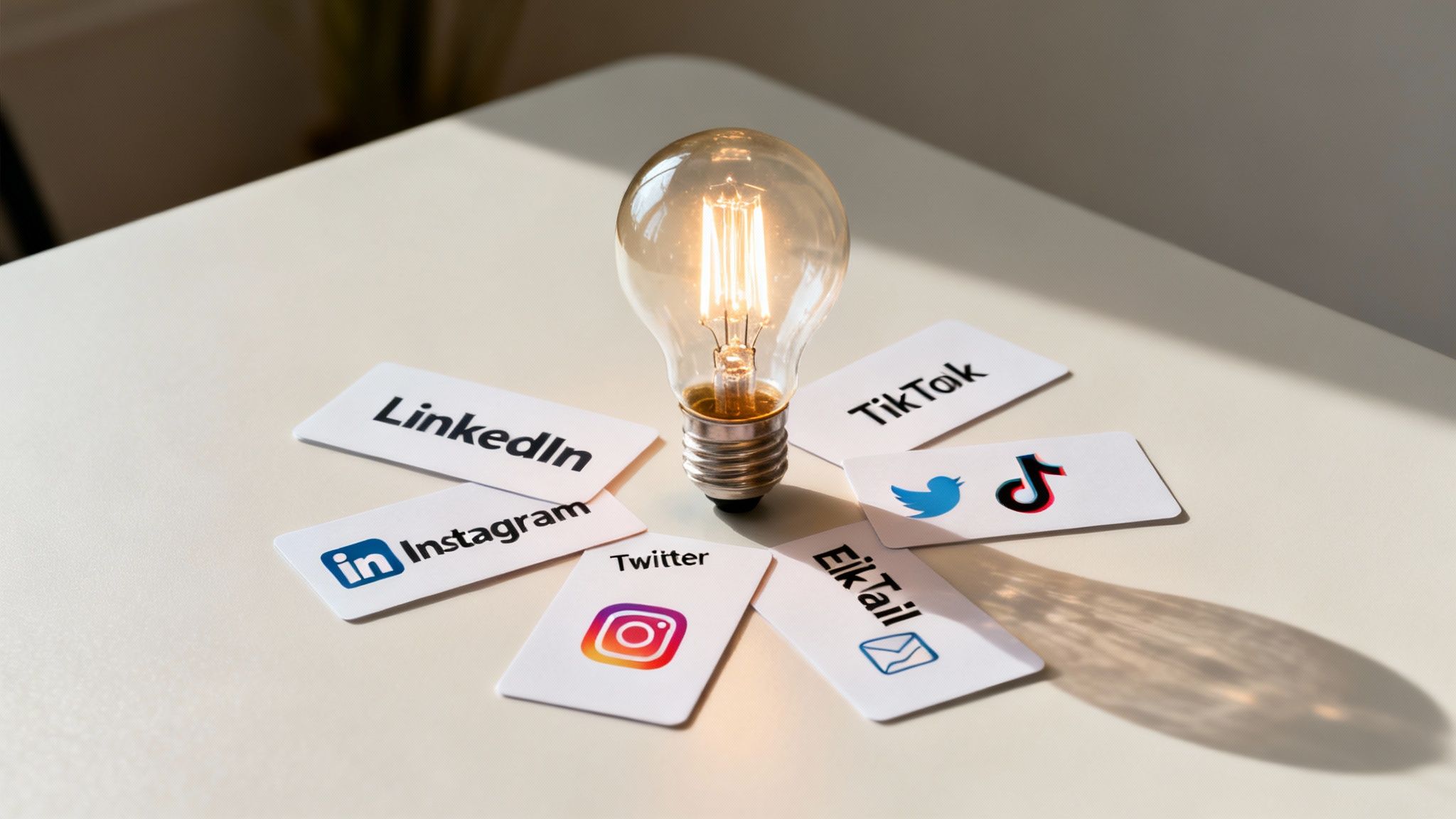 A lit lightbulb surrounded by cards with social media logos like LinkedIn, Instagram, TikTok, Twitter, and email, representing a content distribution strategy.