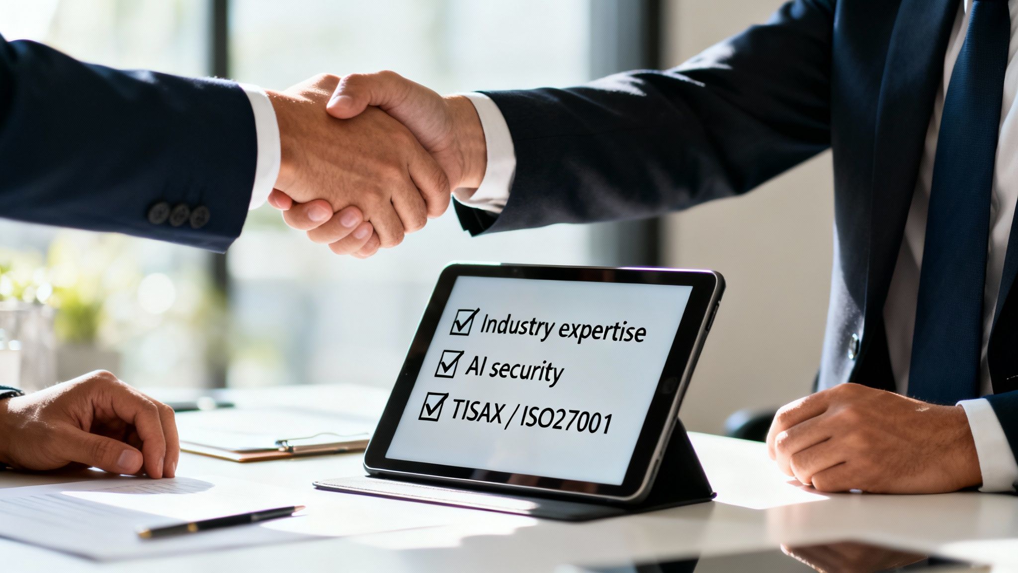 Zwei Geschäftsleute schütteln sich die Hand während eines Treffens, Fokus auf einem Tablet mit einer Sicherheitscheckliste.