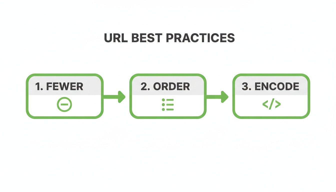 A flowchart illustrating three URL best practices: fewer parameters, proper order, and encoding.