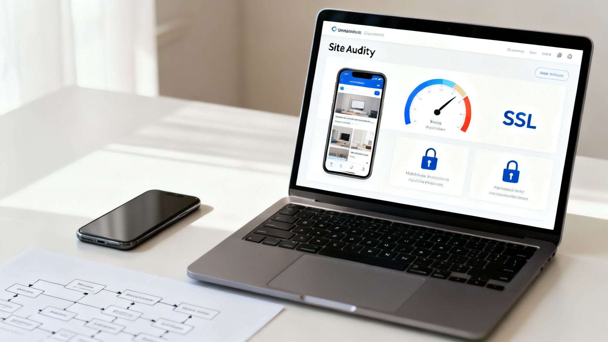 A laptop screen displays a 'Site Audity' dashboard, with a smartphone and flowchart on a white desk.