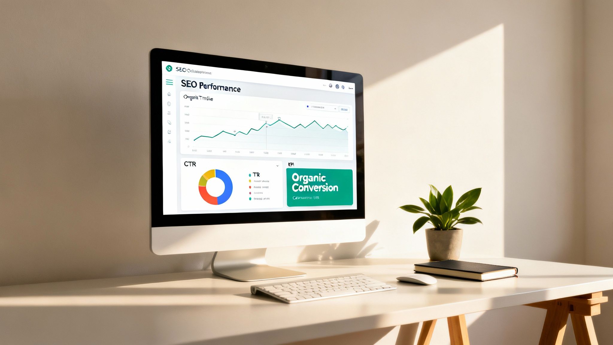 A modern desktop computer displaying an SEO performance dashboard with various charts and metrics on a desk.