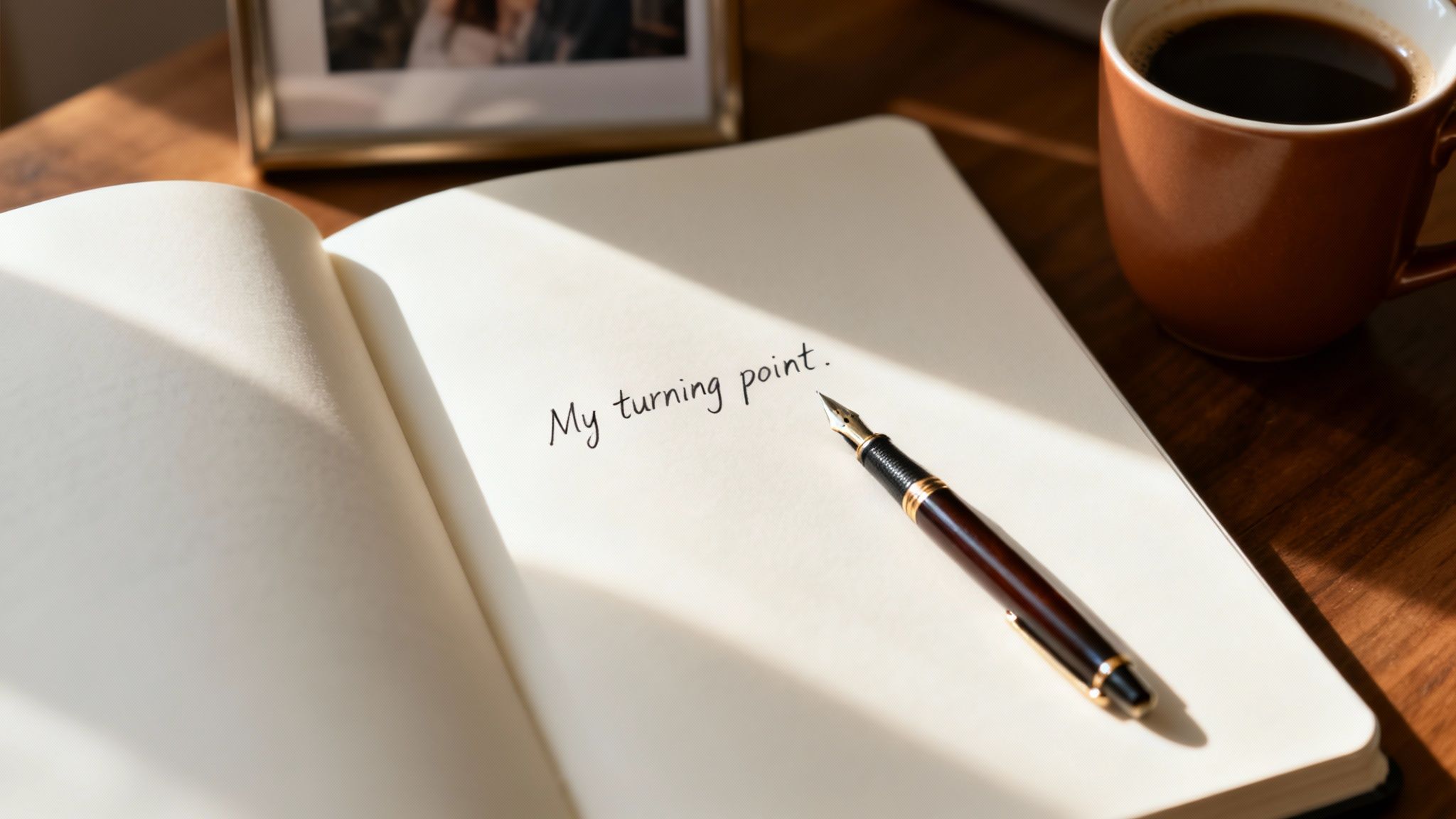 My turning point. written in a notebook with a fountain pen, coffee, and a photo on a wooden table.