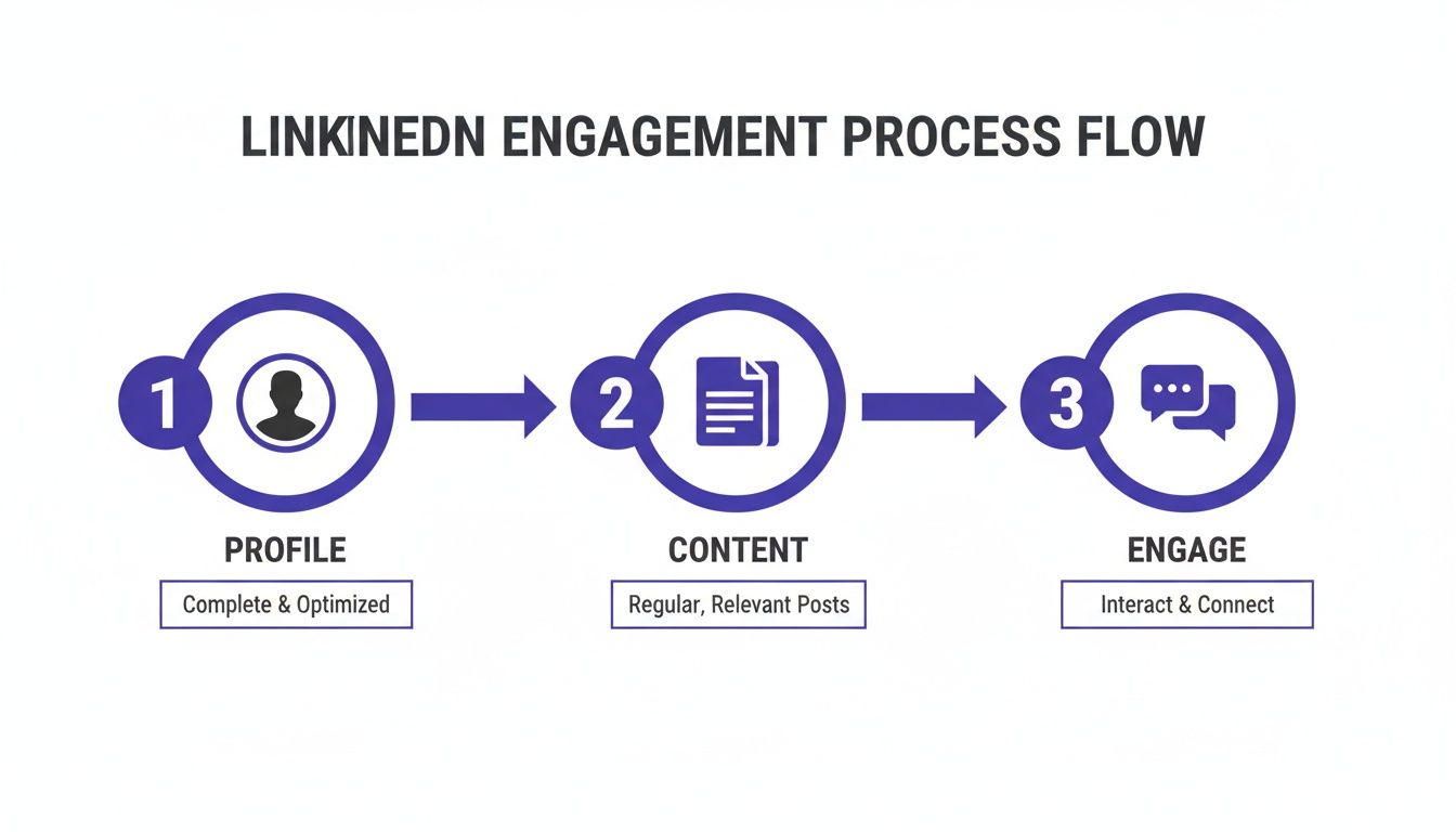 Flowchart outlining a 3-step LinkedIn engagement process: Profile, Content, and Engage.