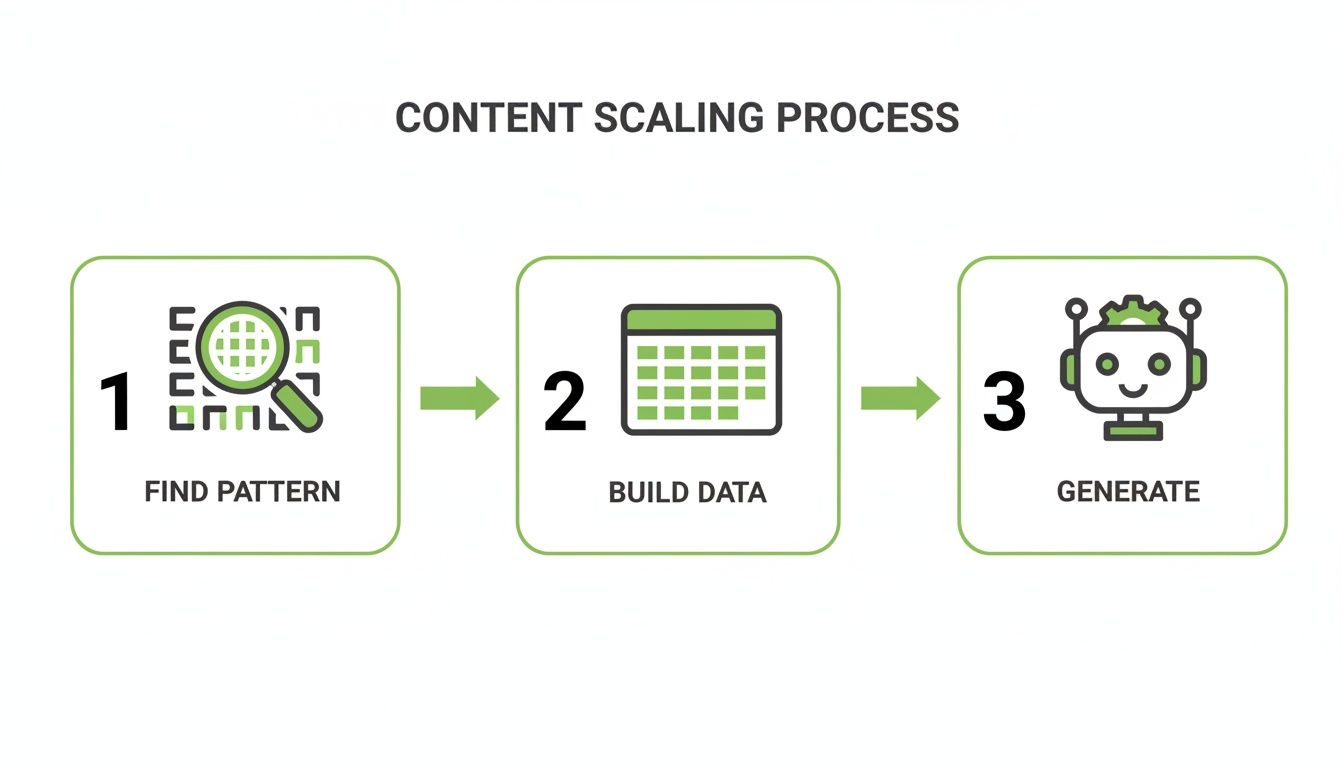 Flowchart illustrating the content scaling process with three steps: find pattern, build data, and generate.