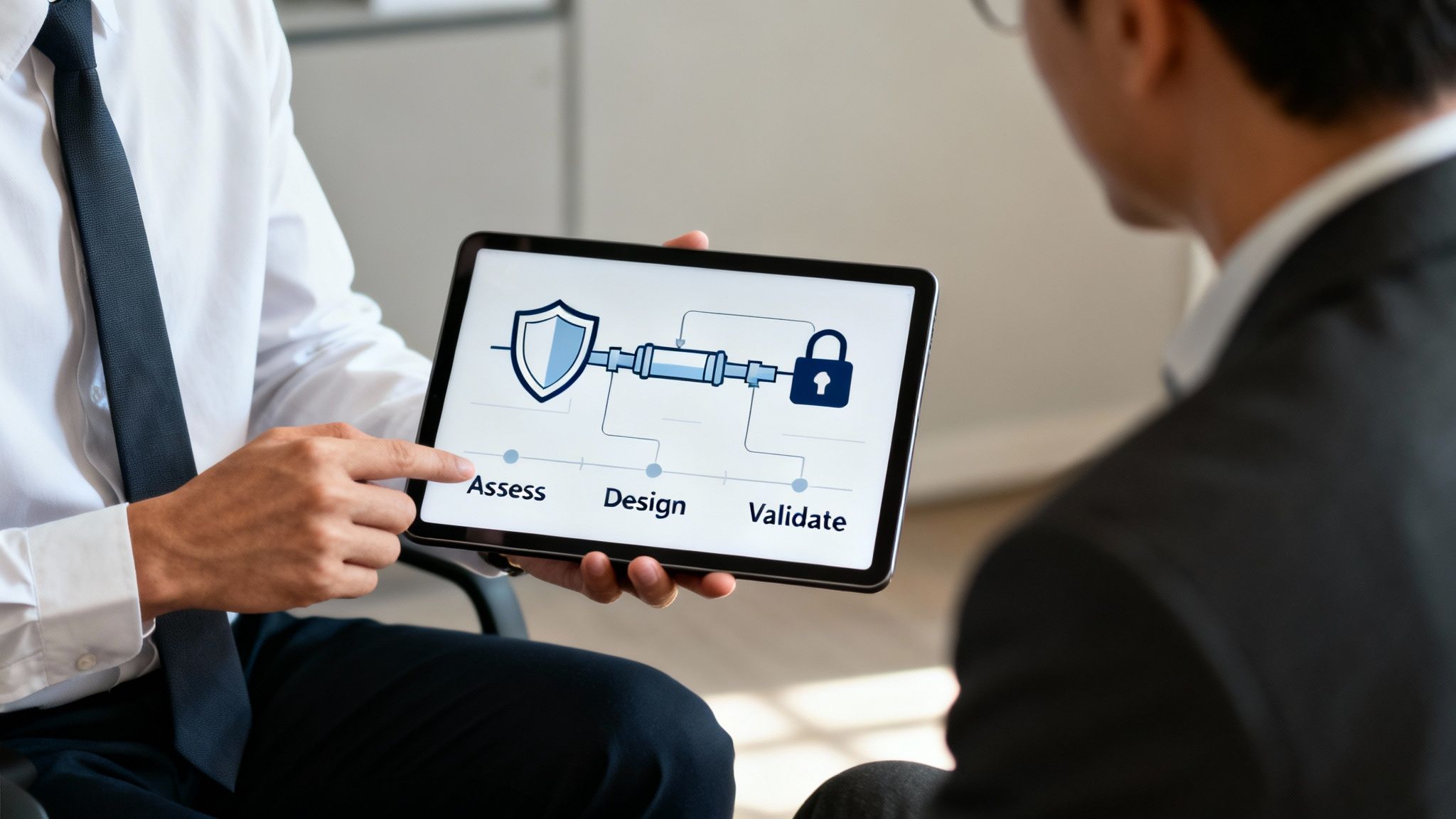 Zwei Geschäftsleute besprechen ein IT-Sicherheitsdiagramm mit den Schritten bewerten, entwerfen und validieren auf einem Tablet.