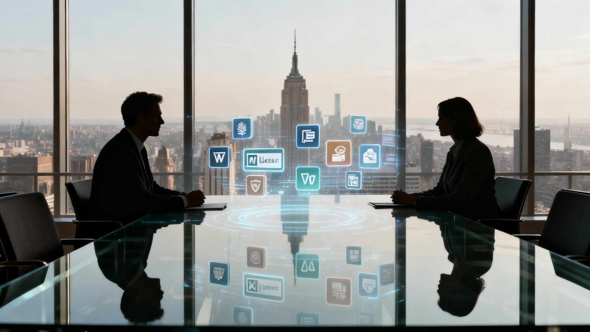 Schattenrisse von Geschäftsleuten in einem modernen Büro, die mit holografischen Software-Icons vor einer Stadtansicht interagieren.