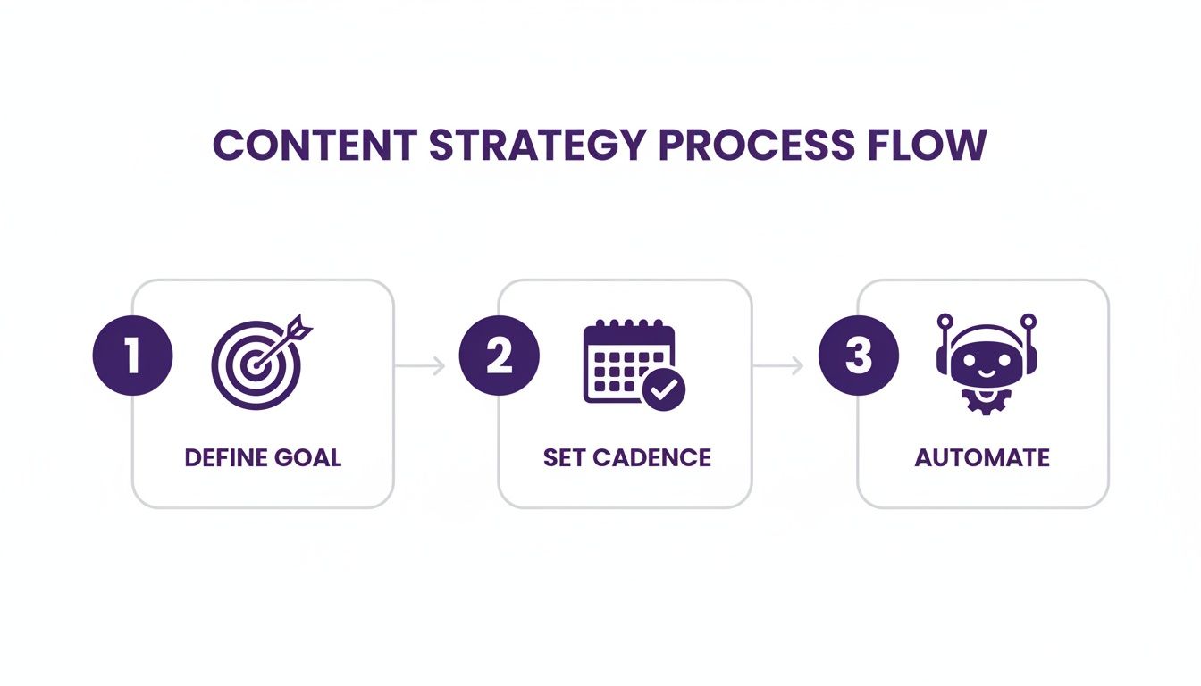 A content strategy process flow illustrating three steps: Define Goal, Set Cadence, and Automate content.