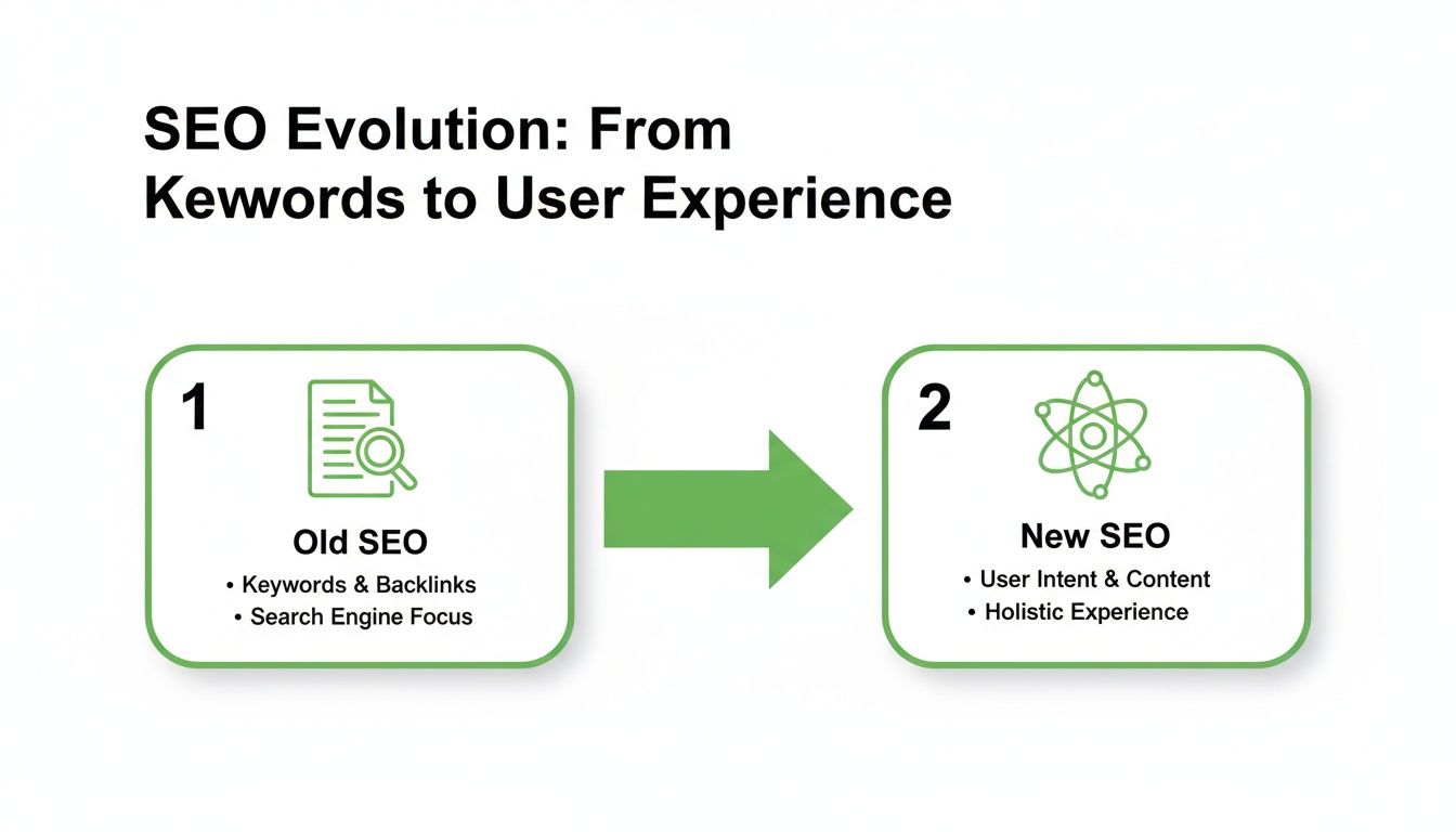 SEO evolution diagram showing the shift from keywords and backlinks to user intent and holistic experience.