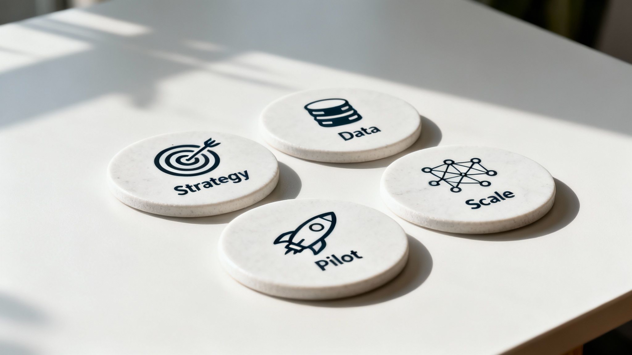 Four white tokens displaying icons and words: Strategy, Data, Pilot, and Scale, on a white table.