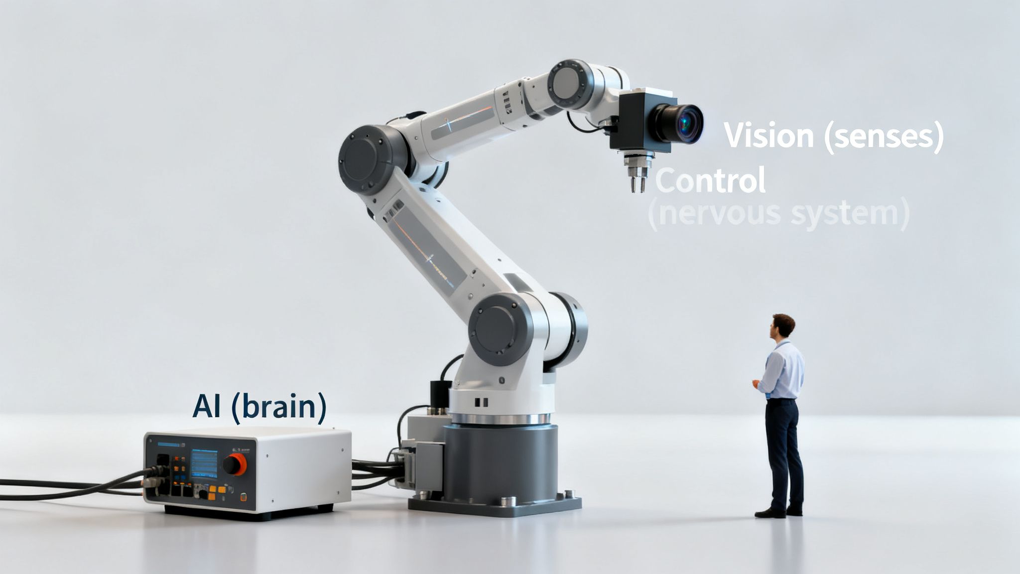 A robotic arm with a camera labeled 'Vision', an AI unit as 'brain', and control as 'nervous system'.