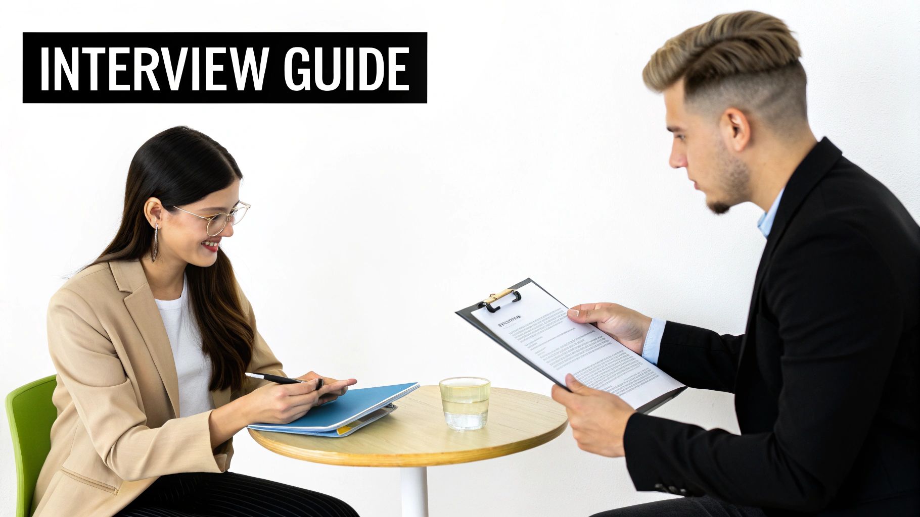 Two professionals, an interviewer and an interviewee, discuss documents at a table during a job interview.