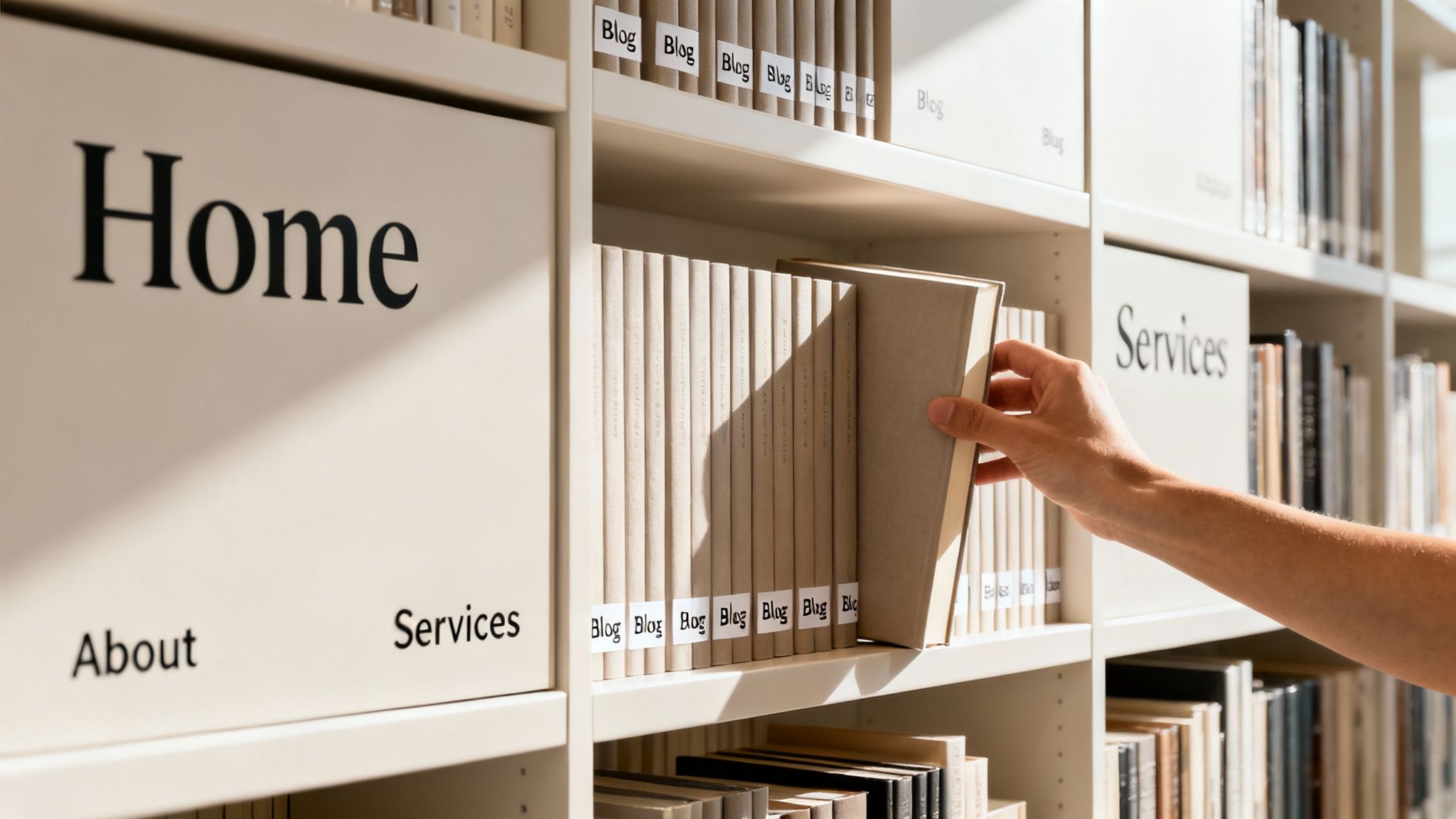 A person's hand retrieves a book from a well-organized shelf in a modern library.